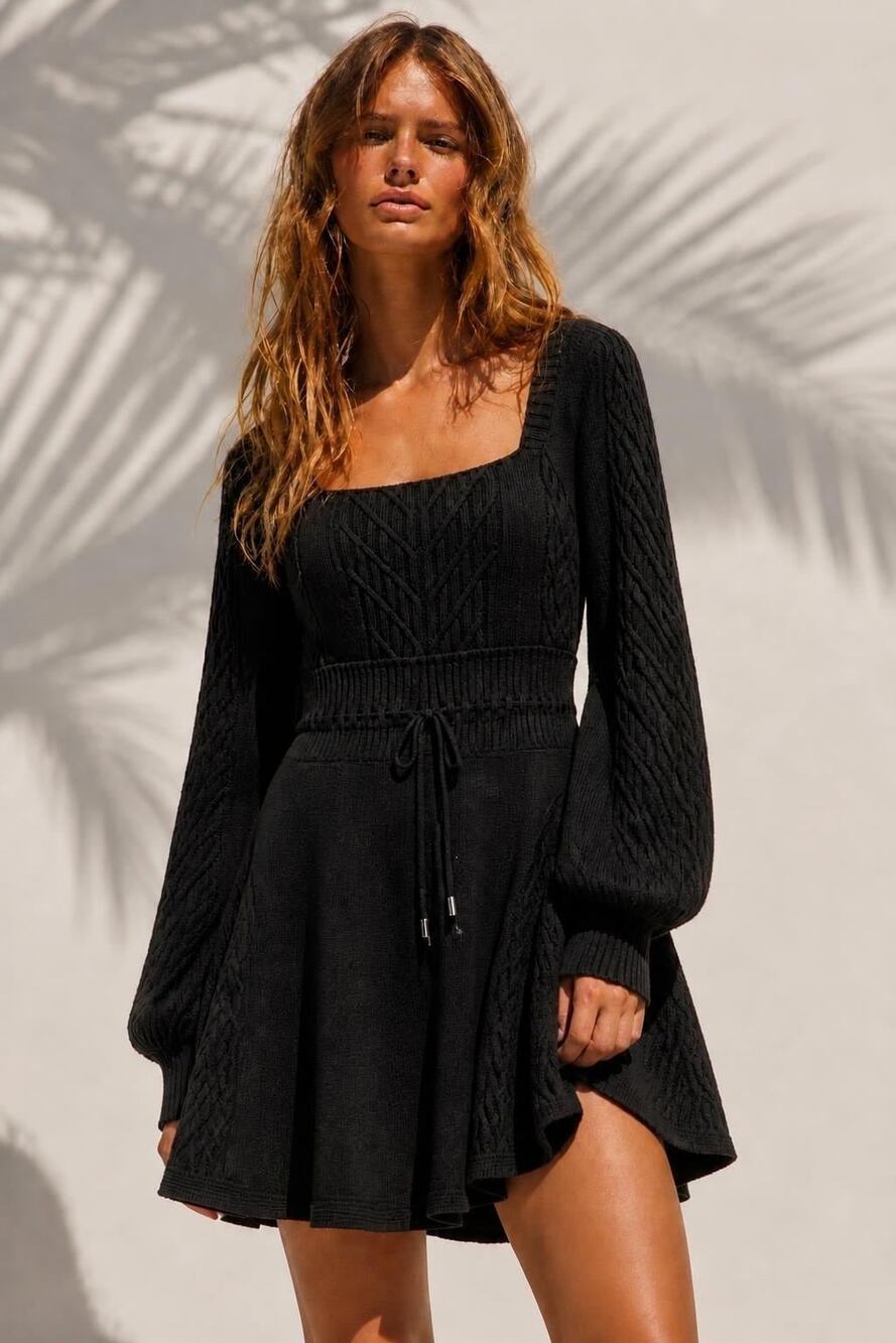 Free People Large Emmaline Cable Knit Mini Sweater Dress Black